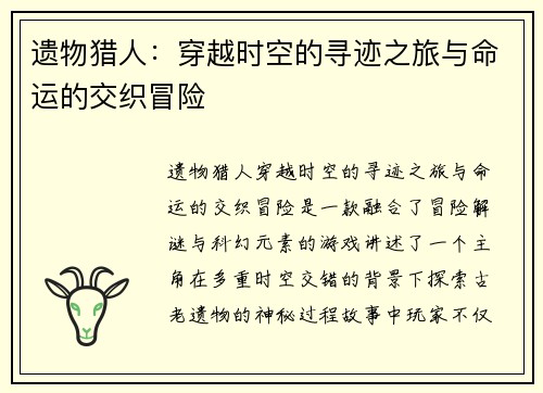 遗物猎人：穿越时空的寻迹之旅与命运的交织冒险